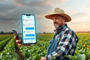 Imagem de um agricultor utilizando um chatbot em um campo agrícola.