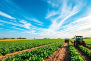 Paisagem agrícola moderna destacando a tecnologia e marketing digital.