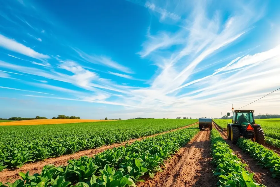 Paisagem agrícola moderna destacando a tecnologia e marketing digital.