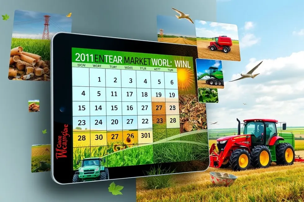 Calendário digital incorporando elementos agrícolas para marketing.