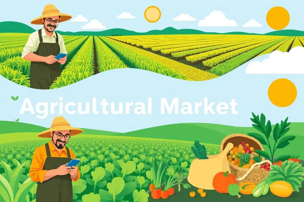 Imagem do mercado agrícola mostrando a integração do uso de tecnologia na agricultura.