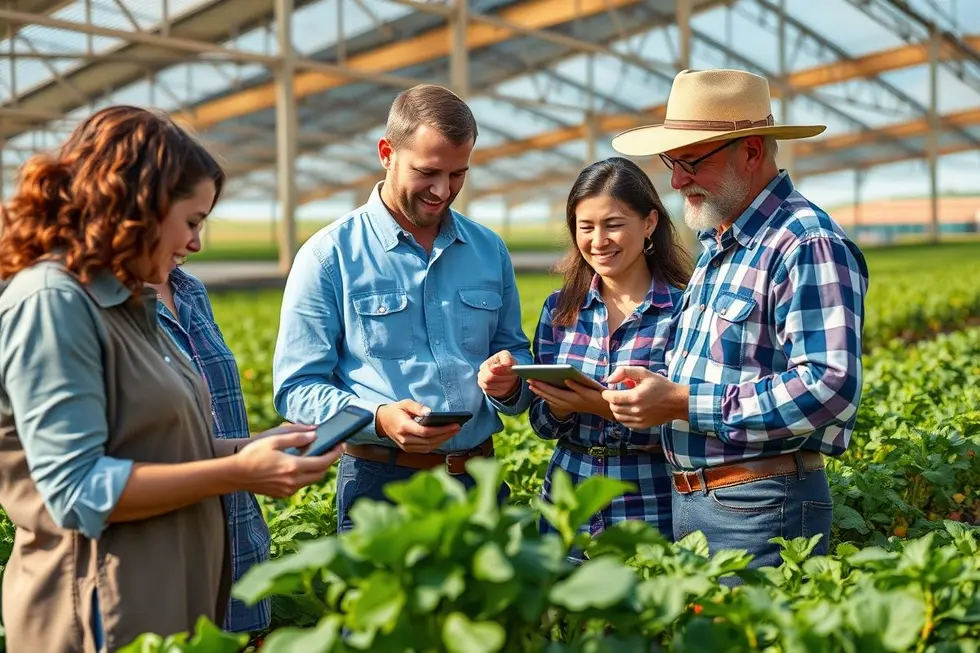 Grupo de profissionais agro usando tecnologia na aplicação de estratégias de marketing.