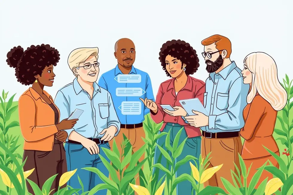 Grupo de profissionais agrícolas discutindo chatbots.