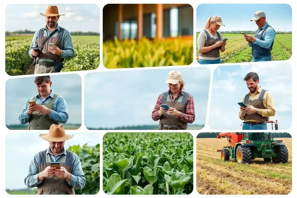 Interação de profissionais do agro com tecnologia de comunicação.