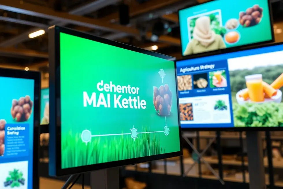Cenas de marketing digital no setor agrícola com produtos e tecnologias em evidência.
