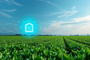 Campo de agricultura moderna com elementos tecnológicos.
