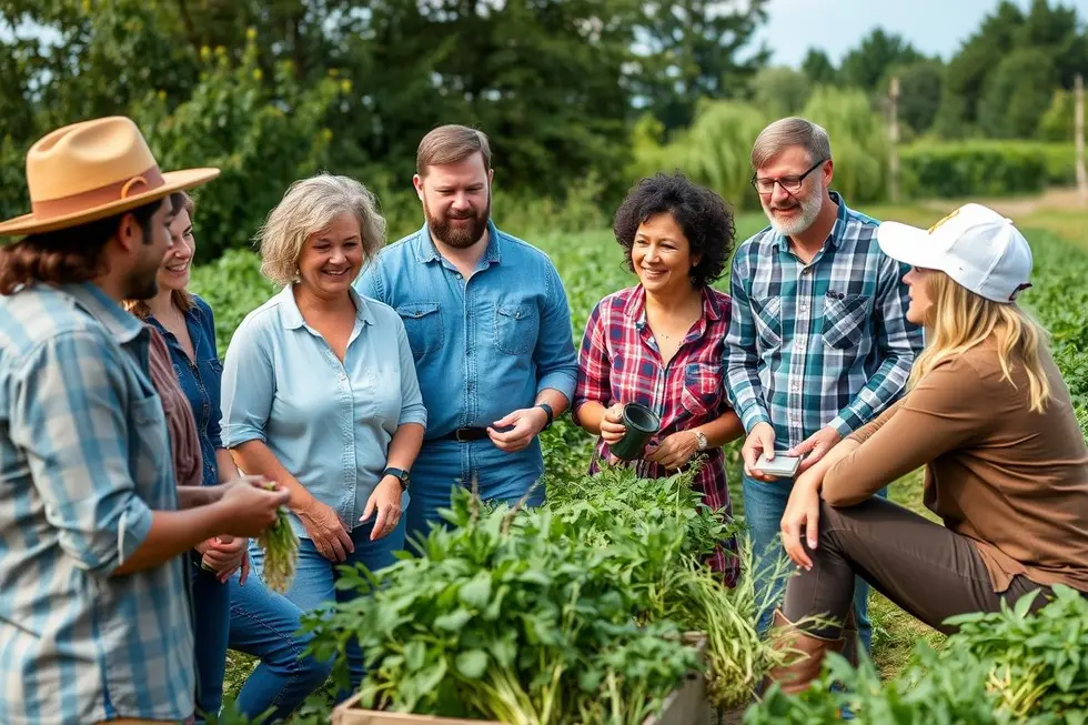 Um grupo de influenciadores agrícolas diversos discutindo e compartilhando suas experiências em um ambiente externo.