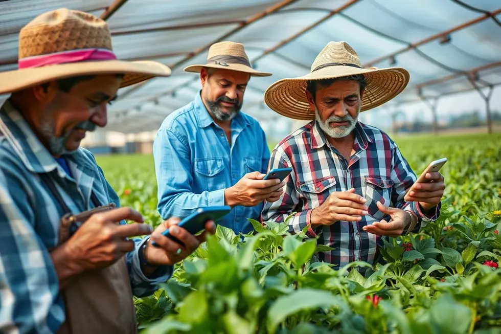 Agricultores utilizando smartphones para facilitar negócios.
