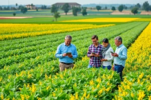 Uma paisagem agrícola com uma equipe de marketing utilizando tecnologia.