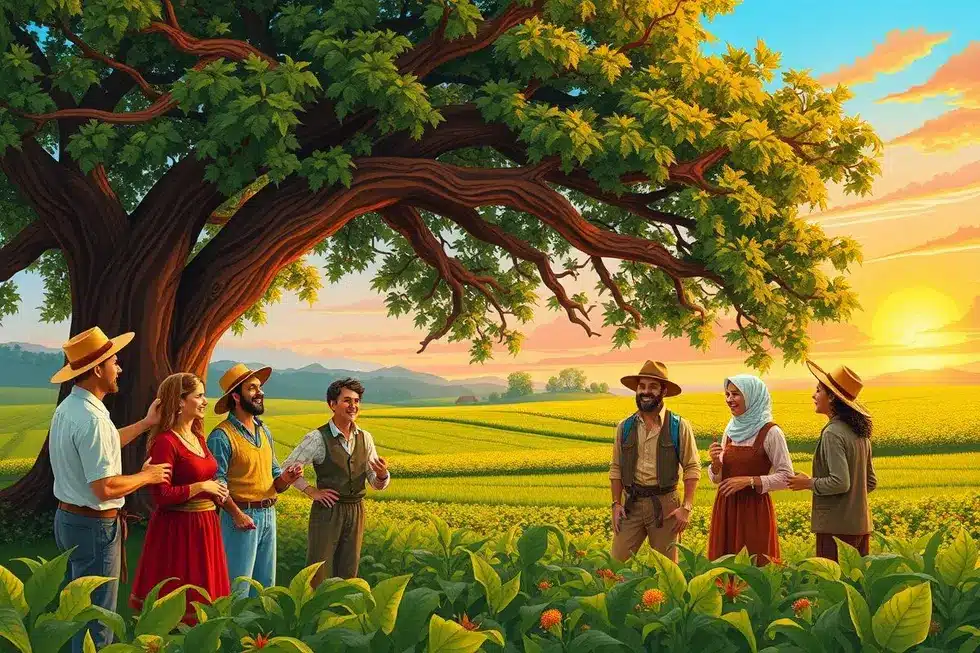 Cenas de interação entre agricultores representando colaboração e influência no setor agro.