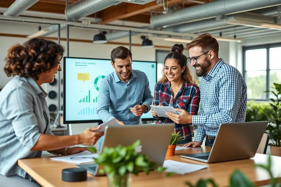 Colaboração entre profissionais agrícolas em marketing digital.