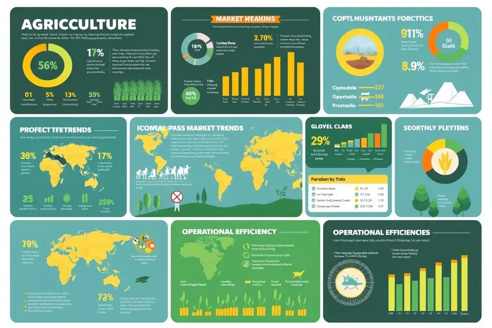 Variados infográficos representando informações do setor agro.