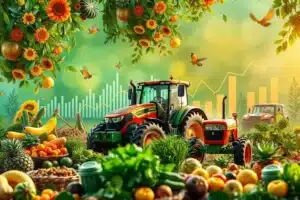 Elementos do agro e gráficos representando inovações e estratégias de marketing.