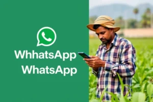 Um agricultor utilizando um smartphone em um campo, destacando tecnologia e agricultura.