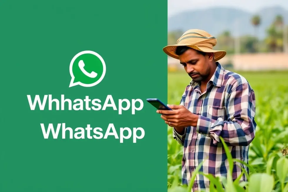 Um agricultor utilizando um smartphone em um campo, destacando tecnologia e agricultura.