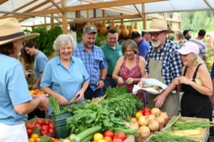 Cena animada com clientes e produtos agrícolas em um ambiente colaborativo