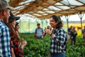 Micro influenciador interagindo com seu público em um ambiente agrícola.