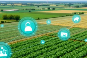 Paisagem agrícola moderna com camadas digitais representando comunicação.