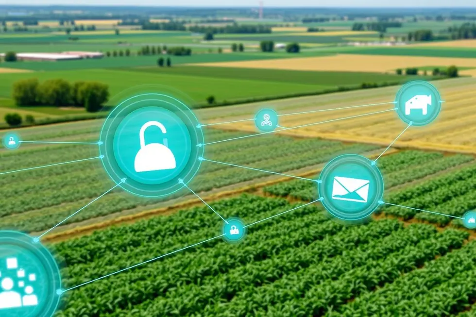 Paisagem agrícola moderna com camadas digitais representando comunicação.