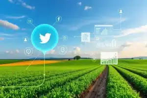 Uma paisagem agrícola com elementos digitais que representam a transformação no setor.