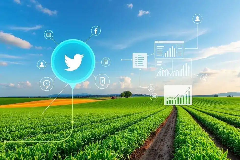 Uma paisagem agrícola com elementos digitais que representam a transformação no setor.