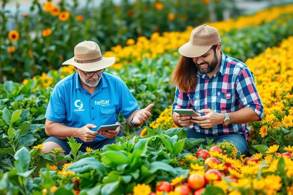 Agricultores e profissionais de marketing colaborando sobre dispositivos digitais em um campo.