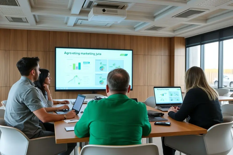Equipe de marketing agro discutindo estratégias em reunião.