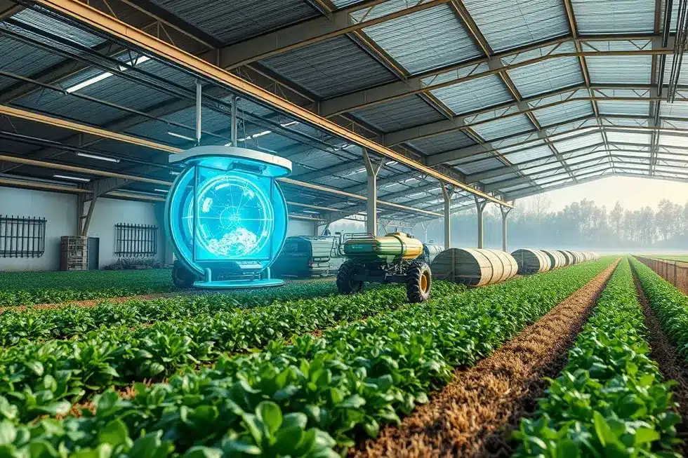 Imagem realista de uma operação agrícola moderna utilizando tecnologias avançadas ao lado de práticas agrícolas tradicionais.
