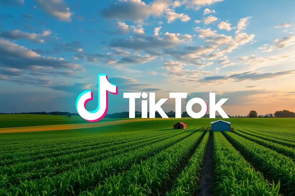 Fazenda com elementos digitais do TikTok representando marketing agro.
