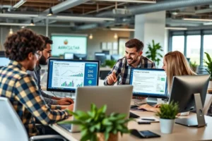 Equipe de marketing trabalhando em estratégias de blogs direcionadas ao agro.