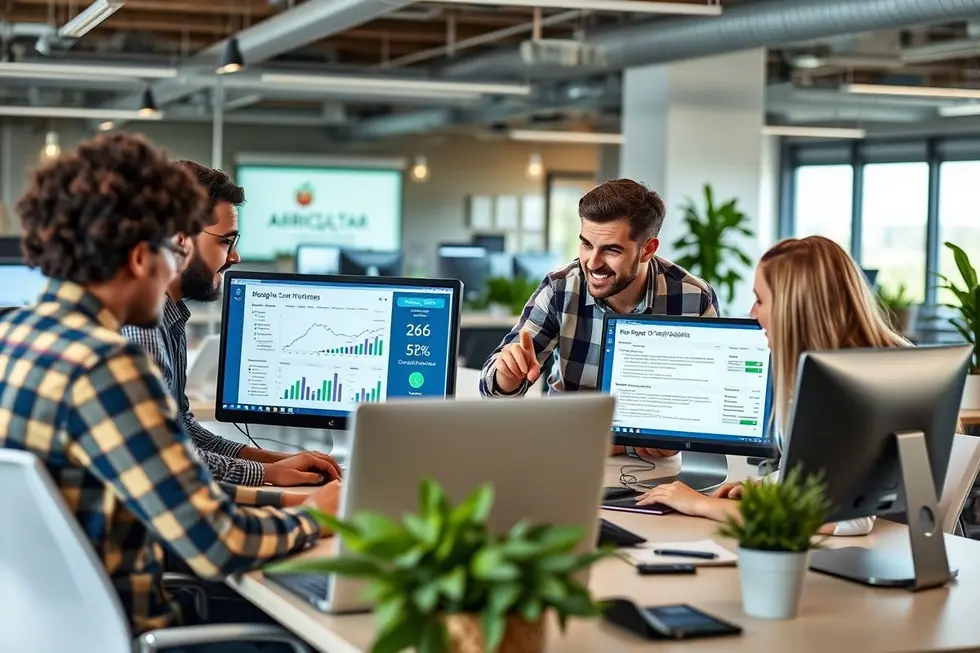 Equipe de marketing trabalhando em estratégias de blogs direcionadas ao agro.