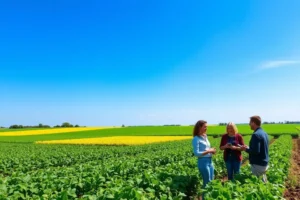 Pessoas discutindo estratégias de marketing em um campo agrícola.