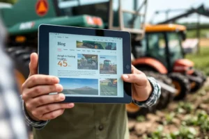 Agricultor acessando um blog sobre agricultura em um tablet.