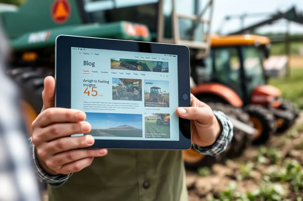 Agricultor acessando um blog sobre agricultura em um tablet.