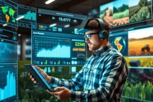 Um profissional de marketing analisando tendências agrícolas com ferramentas de navegação virtual.