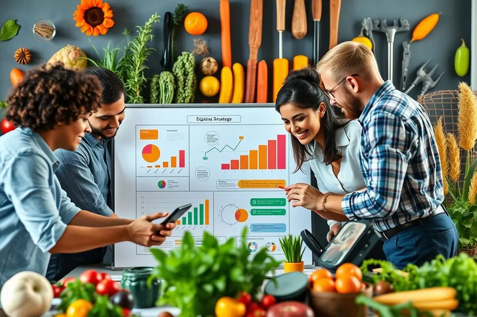 Profissionais de marketing discutindo estratégias digitais para o agronegócio.