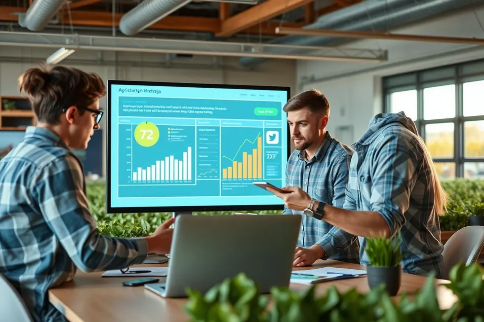 Equipe de marketing analisando métricas digitais para o setor agrícola.