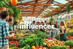 Mercado agrícola com clientes interagindo e produtos em destaque.