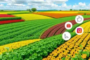 Paisagem agrícola vibrante com elementos de marketing digital.