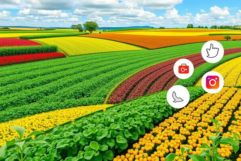 Paisagem agrícola vibrante com elementos de marketing digital.