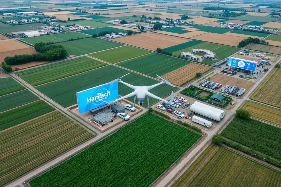 Vista aérea de uma paisagem agrícola moderna com tecnologia.