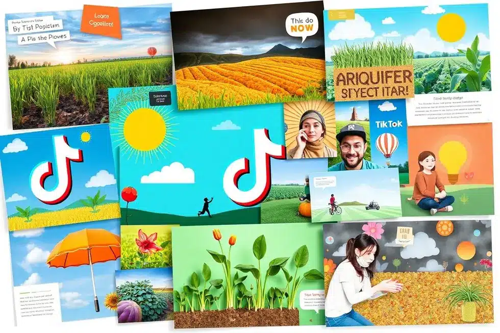 Colagem dinâmica que combina elementos de agricultura e criação de conteúdo no TikTok.