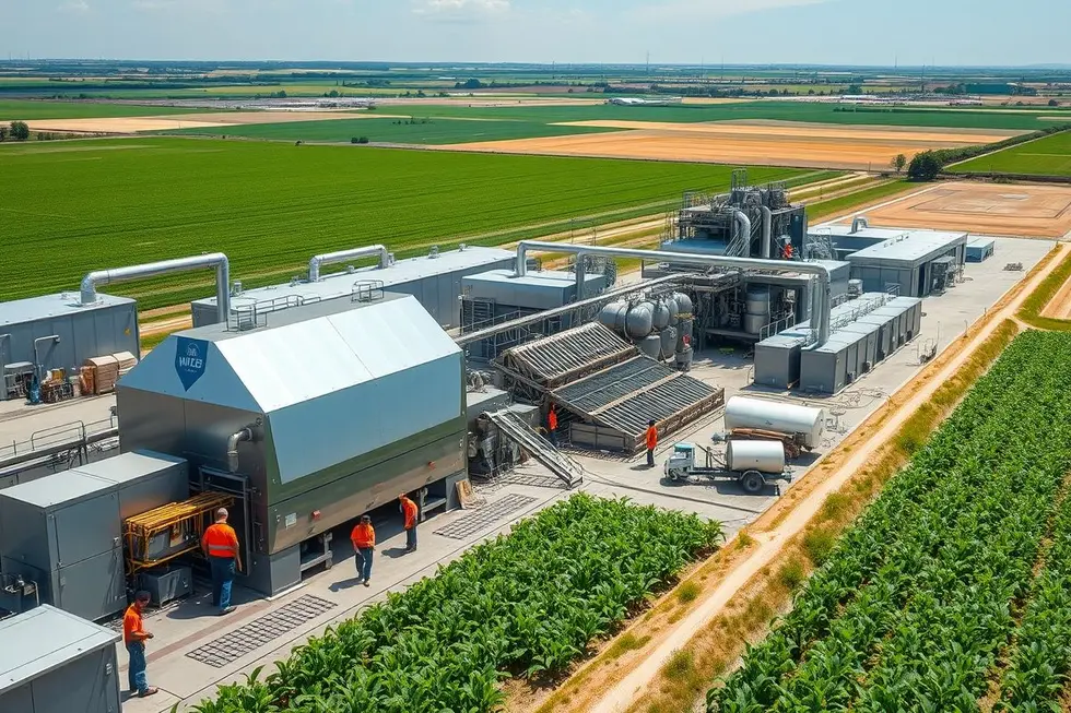 Campo de agroindústria com trabalhadores e tecnologia