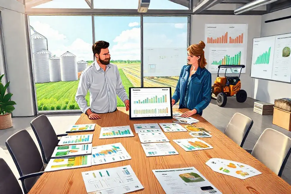 Ilustração de analista de marketing do agro comparando gráficos de LTV e CAC com vista para área agrícola.