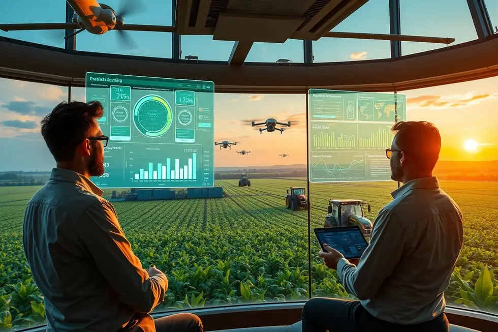 Ilustração editorial de gestor de marketing agro observando painel que mistura lavoura e dashboards digitais.