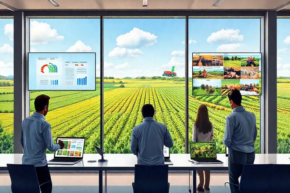 Ilustração de equipe de marketing e produtores analisando imagens geradas por IA em um cenário agrícola.