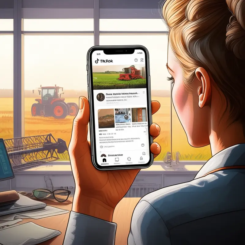 Ilustração de um profissional de marketing agro segurando um smartphone com diferentes feeds de redes sociais, escritório com vista para campos.