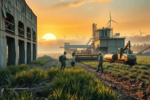 Ilustração de líderes agrícolas reparando uma ponte entre a indústria e a lavoura ao pôr do sol
