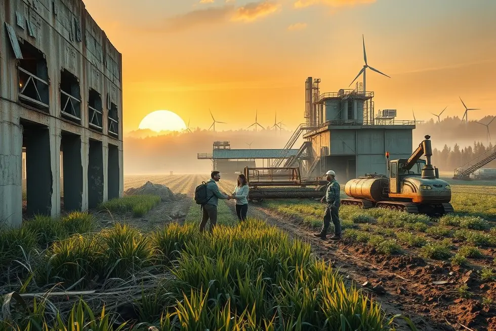Ilustração de líderes agrícolas reparando uma ponte entre a indústria e a lavoura ao pôr do sol