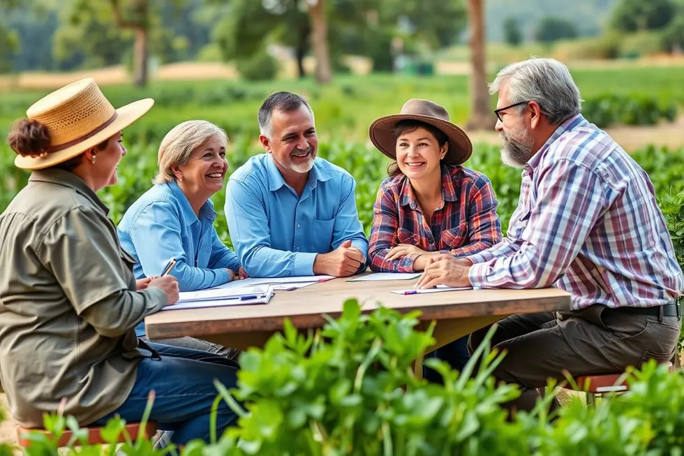 Gestores do setor agro colaborando em discussão construtiva.